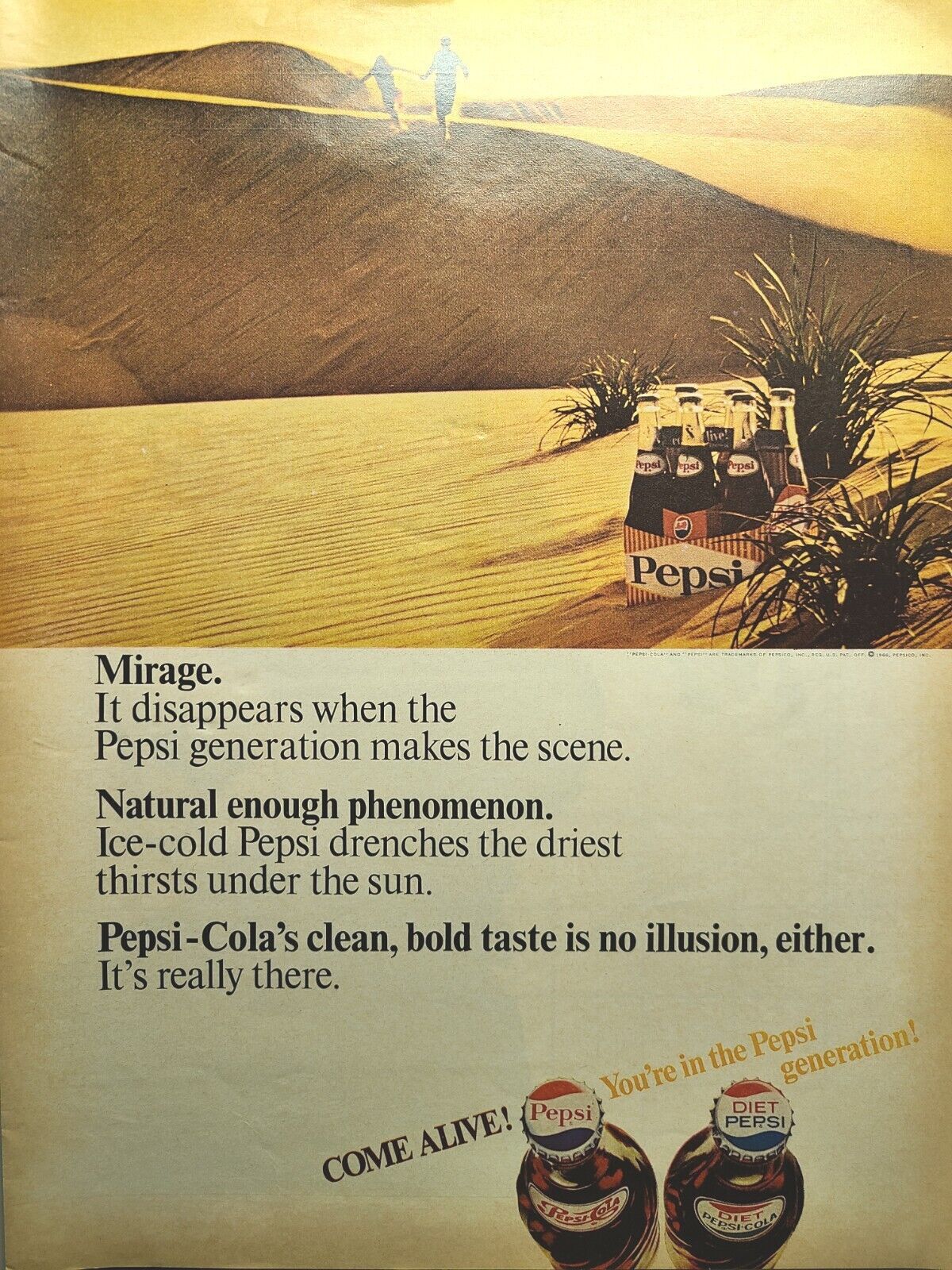 Pepsi and Diet Pepsi New Generation Sand Dunes Mirage Vintage Print Ad 1966