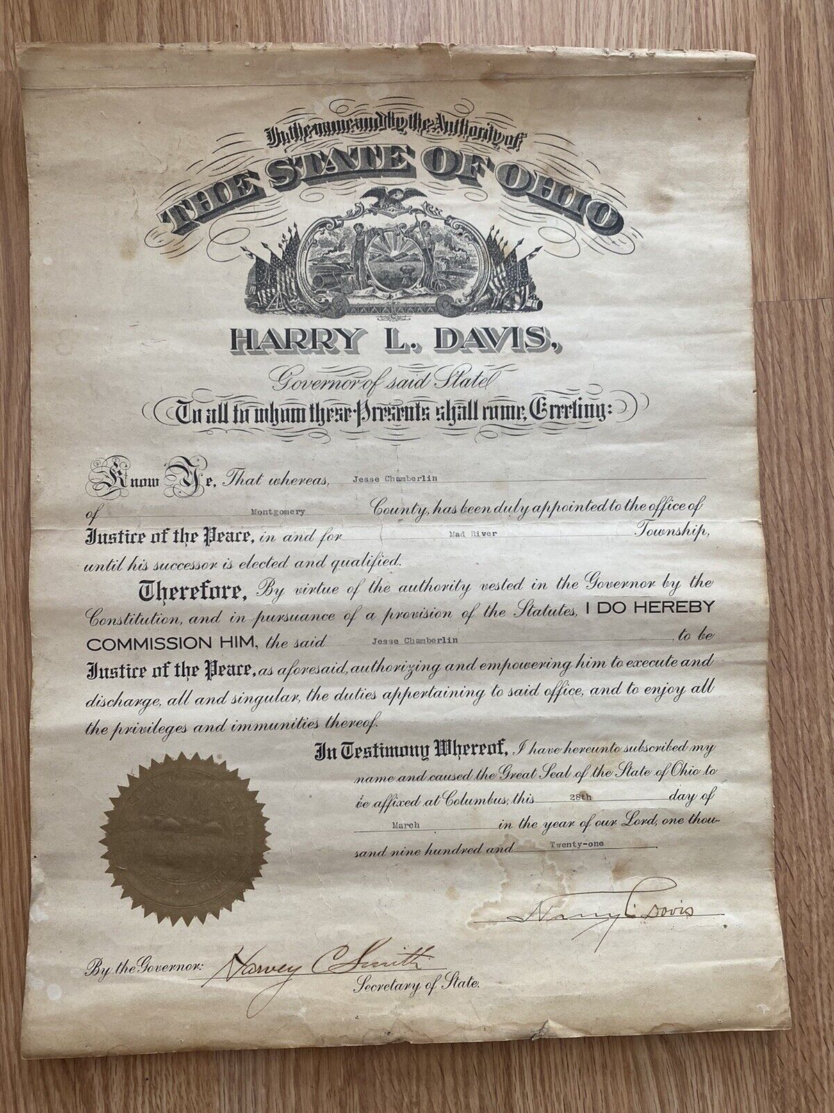 1921 Ohio Governor I Harry L. Davis certificate 