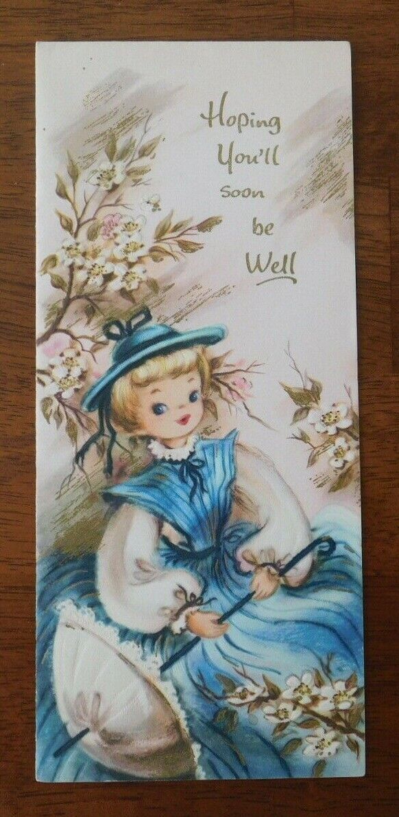 Vintage Slim Lovely Get Well Card Pretty Girl in Blue Amid Apple Blossoms C228
