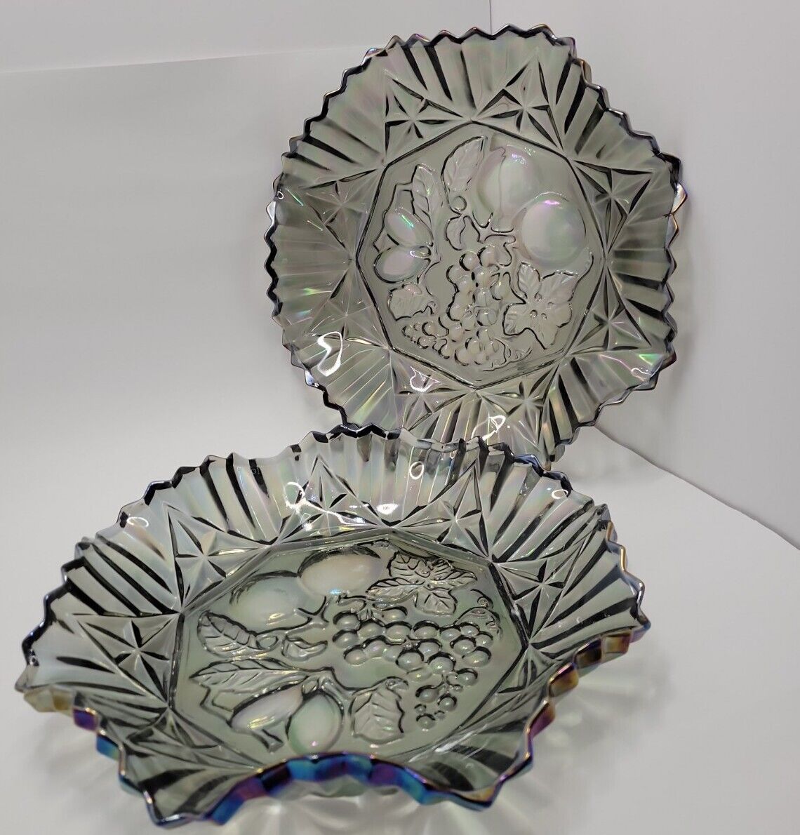 2 FEDERAL GLASS Fruit Pattern Pioneer Smoke Colored Bowls Textured Trim. 11 X 2\