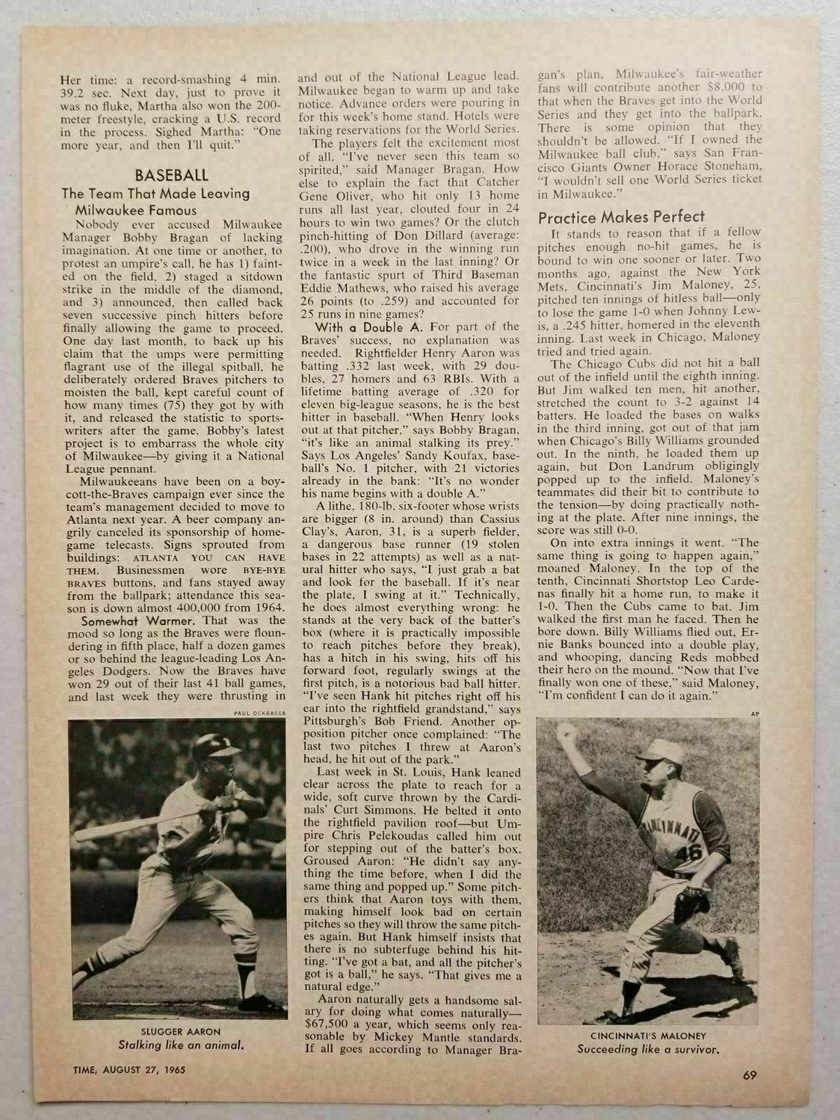 1965 Magazine Photo Article Hank Aaron Milwaukee Braves,Jim Maloney Cinc. Reds