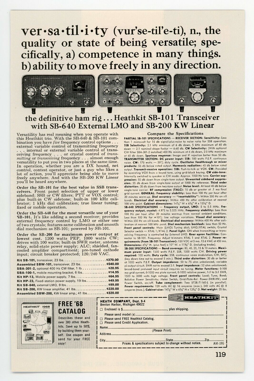 QST Ham Radio Magazine Ad Heathkit SB-101 Transceiver, SB-640 External LMO(4/68)