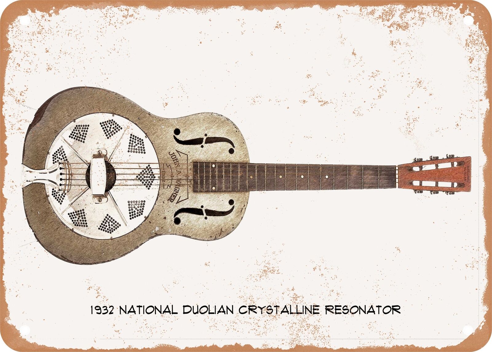 Guitar Art - 1932 National Resonator Pencil Drawing - Rusty Look Metal Sign