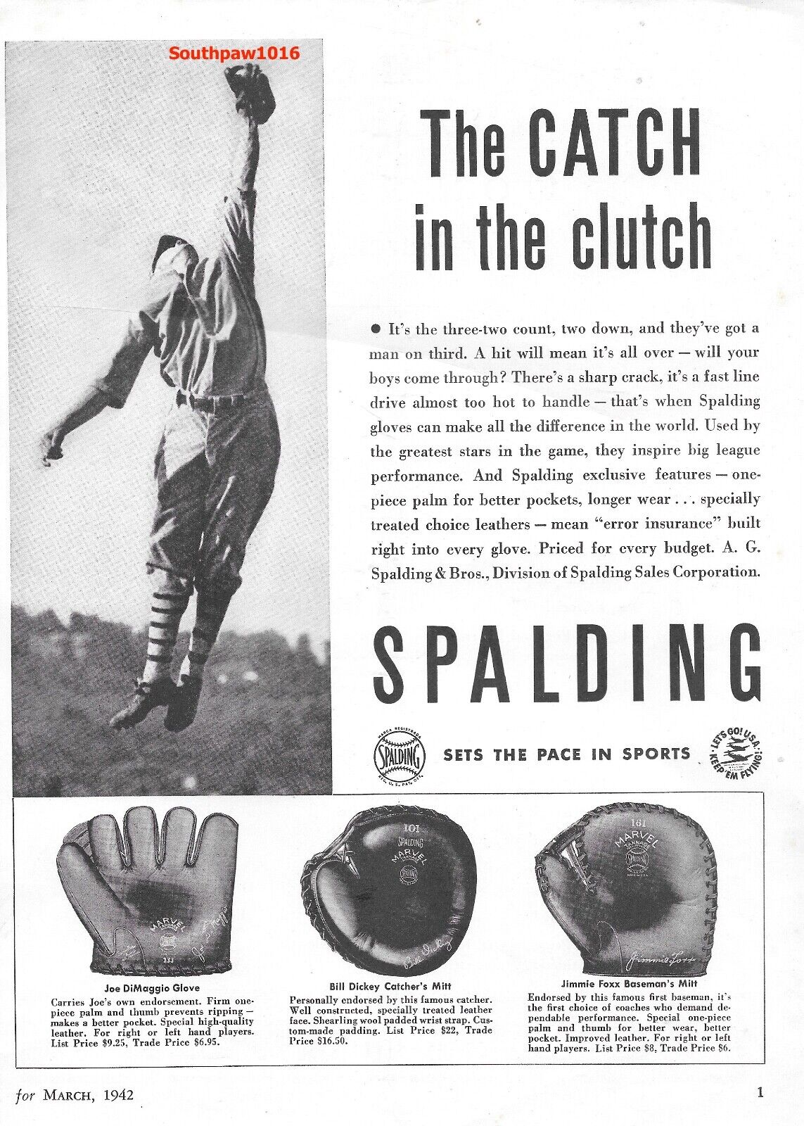 1942 Spalding Baseball Gloves \