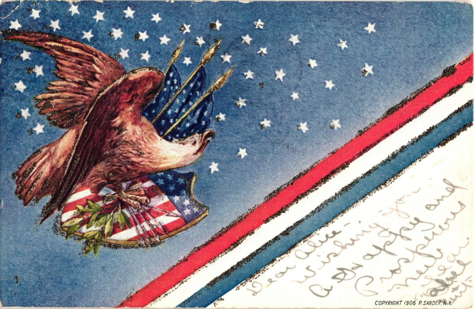1906 Independence Day Patriotic Eagle Flag Glitter Embossed Undivided Postcard