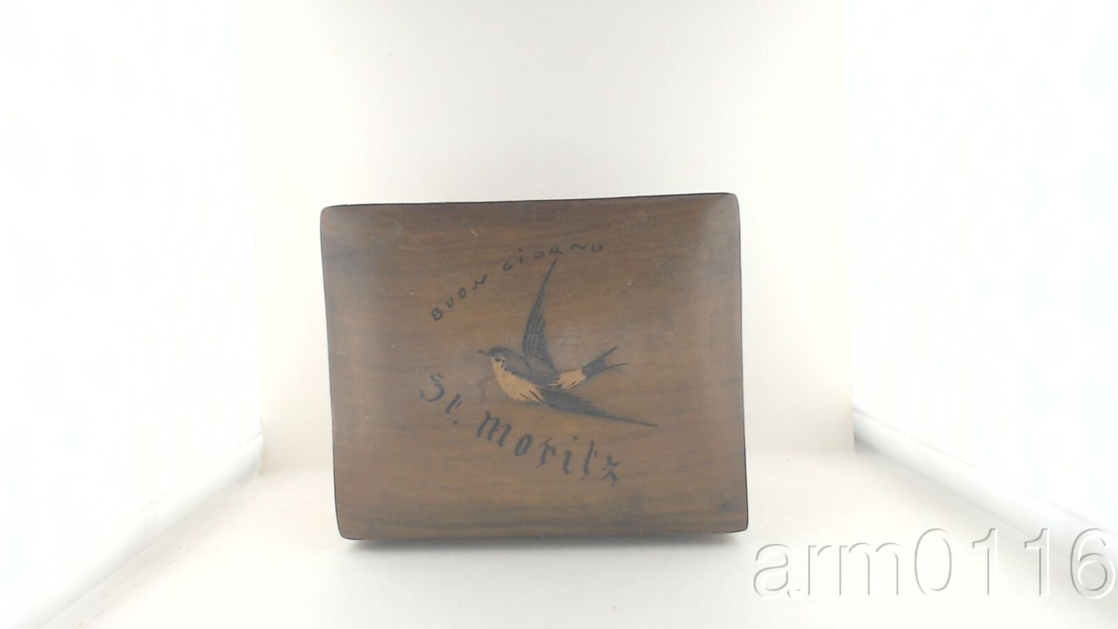 ANTIQUE ST MORITZ OLIVE WOOD STAMP TRINKET BOX WITH INLAY SWALLOW BIRD SOUVENIR