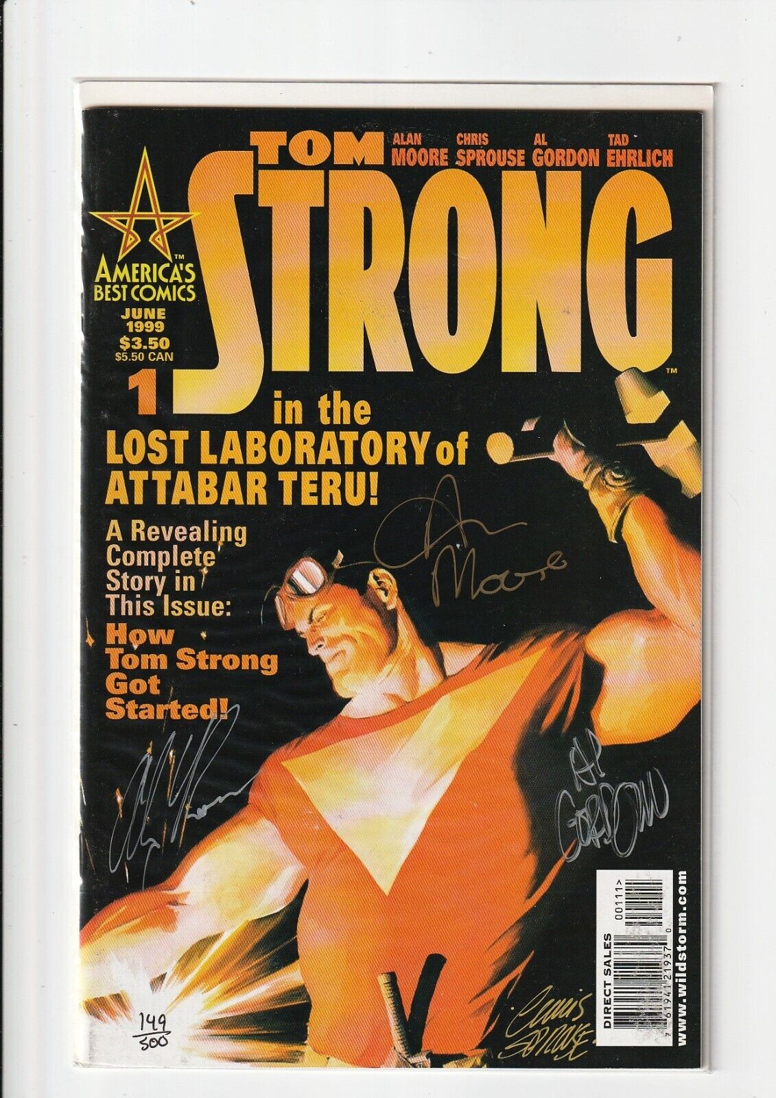 Tom Strong #1 149/500 DF LTD SIGNED x 4: Alan Moore, Alex Ross, Sprouse & Gordon