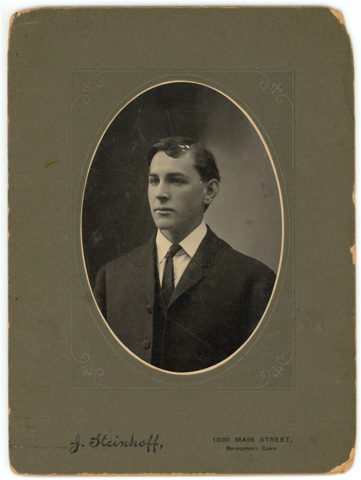 Antique c1880s Large Cabinet Card Steinhoff Handsome Young Man Tie Bridgeport CT