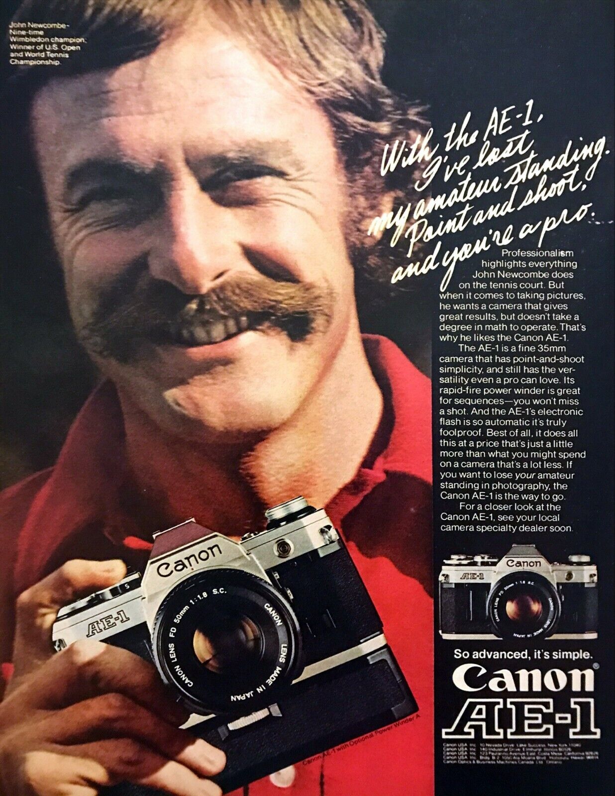 1976 Tennis Legend John Newcombe photo Canon AE-1 35mm Camera vintage print ad