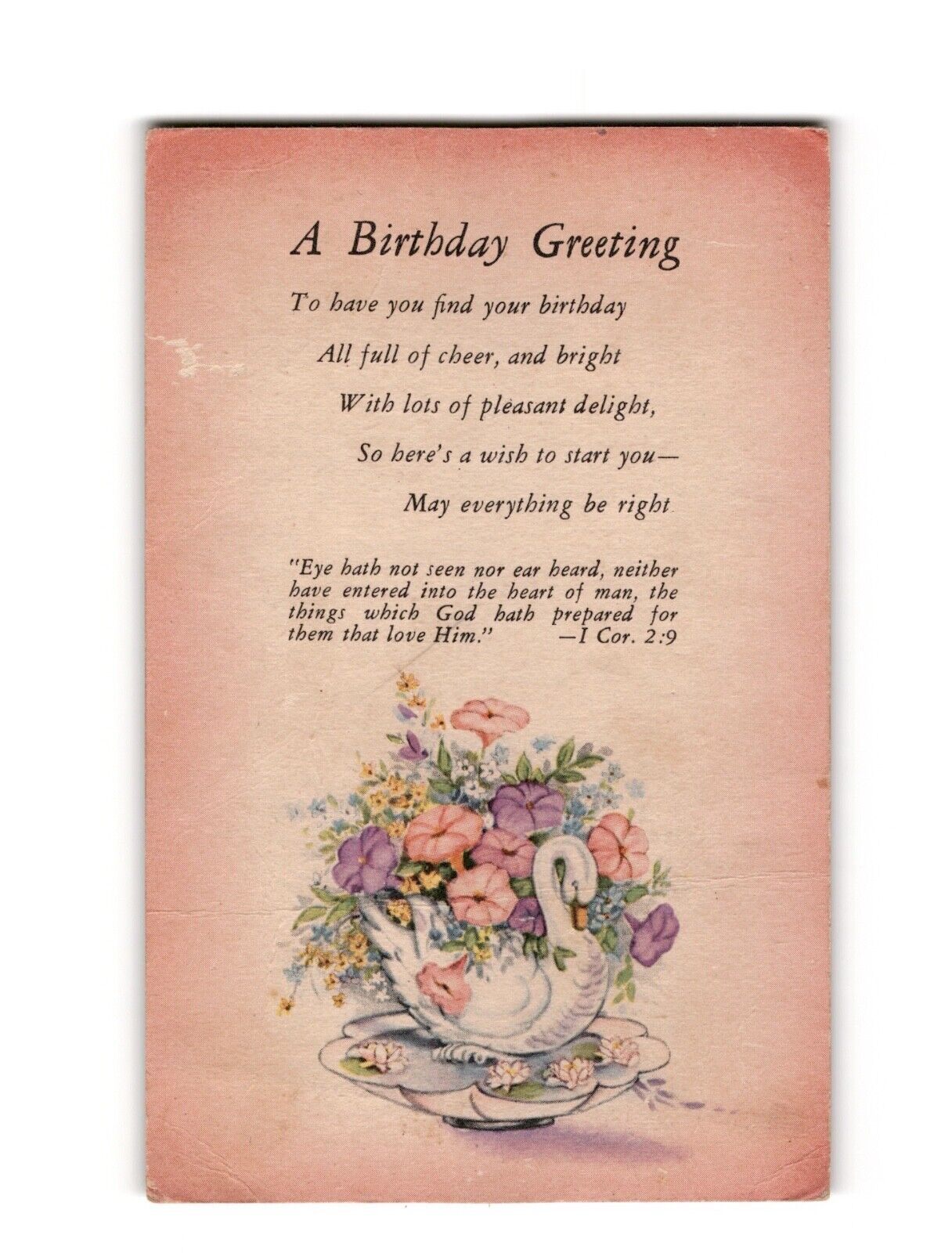 Vintage Birthday Greeting Postcard - Floral Swan Design, Scripture Quote, USA