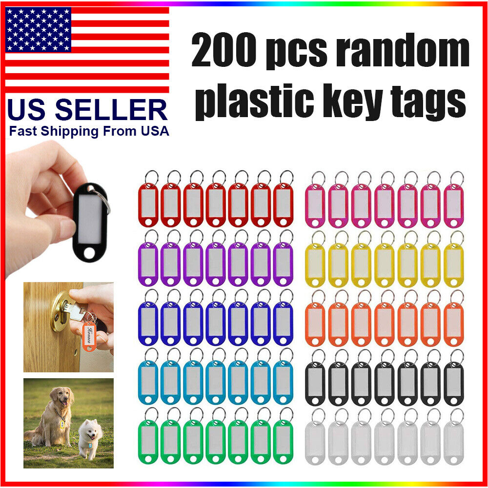 200X Plastic Key Tags Metal Ring Luggage Card Name Label Keychain W/ Split Ring