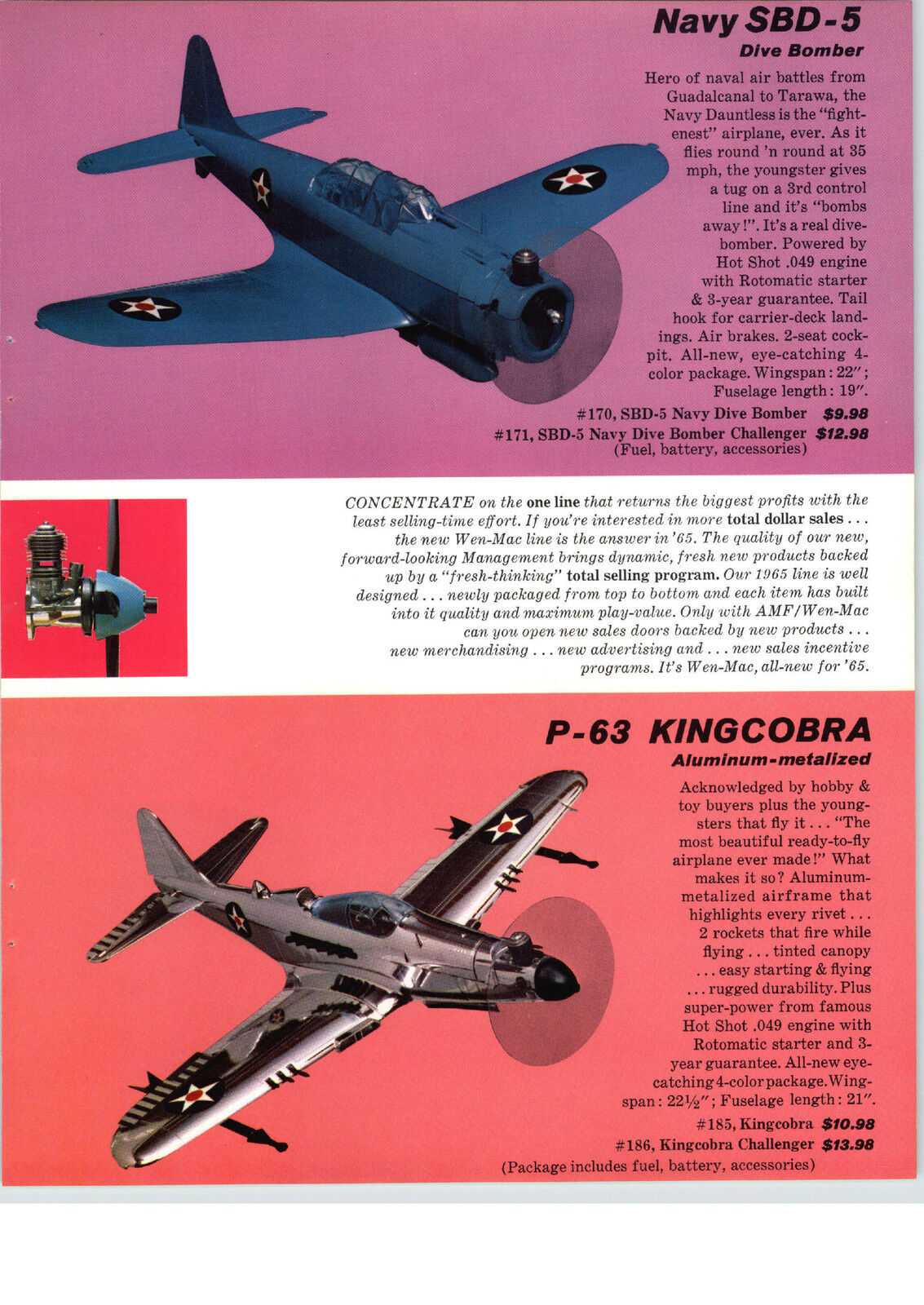 1965 PAPER AD 5 PG Wen Mac .049 Gas Engine Airplanes Navy SBD 5 Kingcobra P-63 +