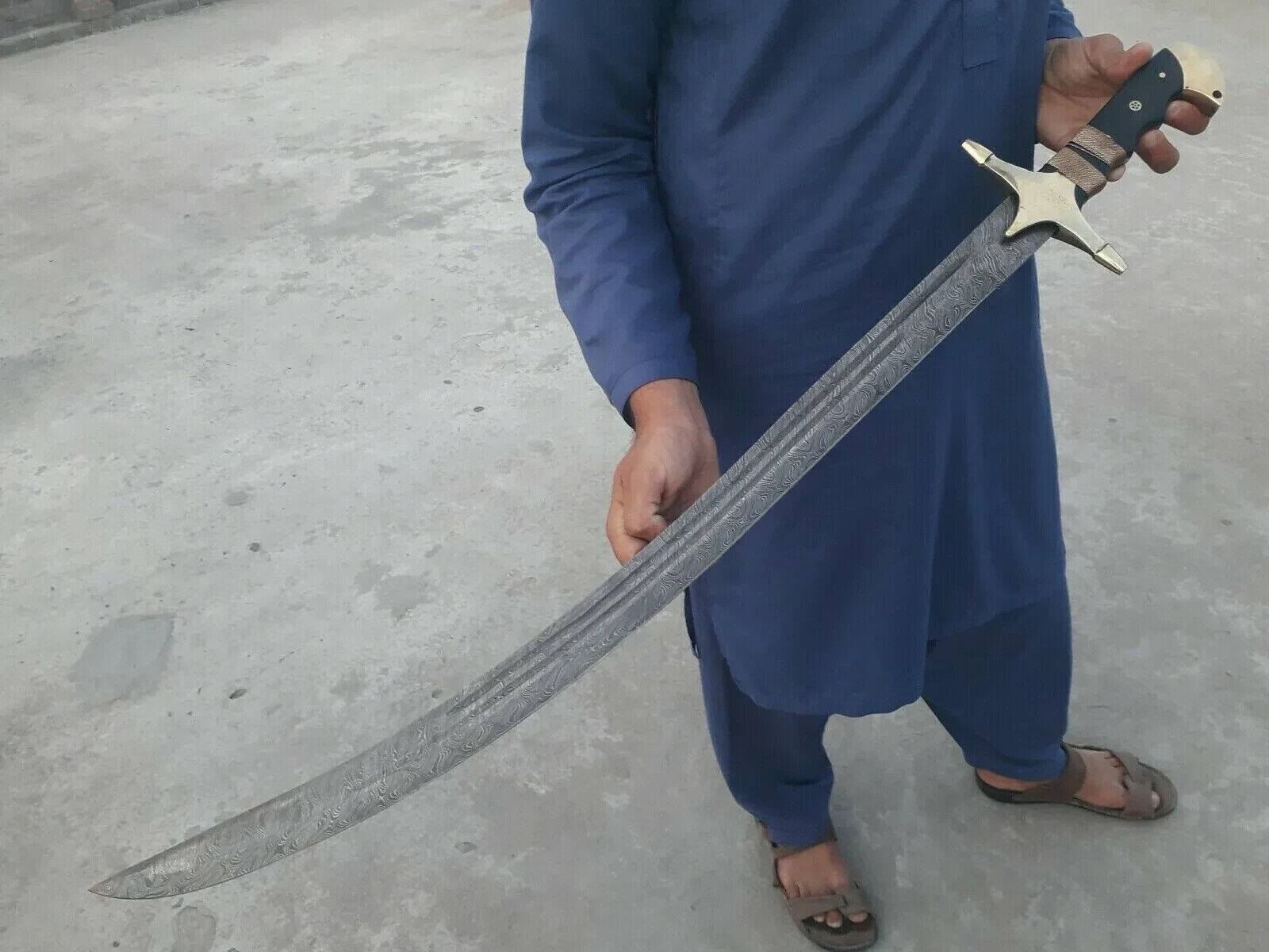 Handmade Damascus Steel Islamic Zulfiqar Sword, Shamshir With Leather Sheath.