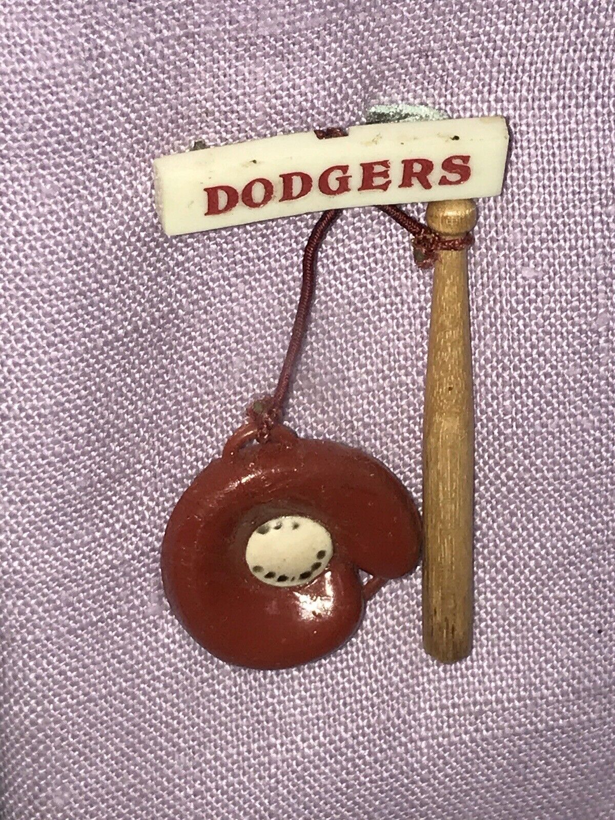 VTG Brooklyn Dodgers Celluloid Baseball Glove & Wooden Bat Pinback Pin Framed