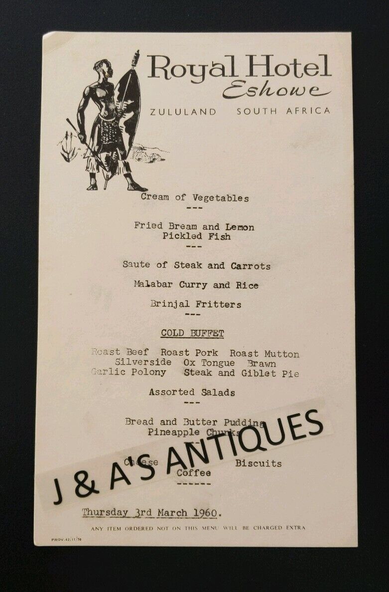 Vintage 1960 Royal Hotel ESHOWE Menu Zululand South Africa