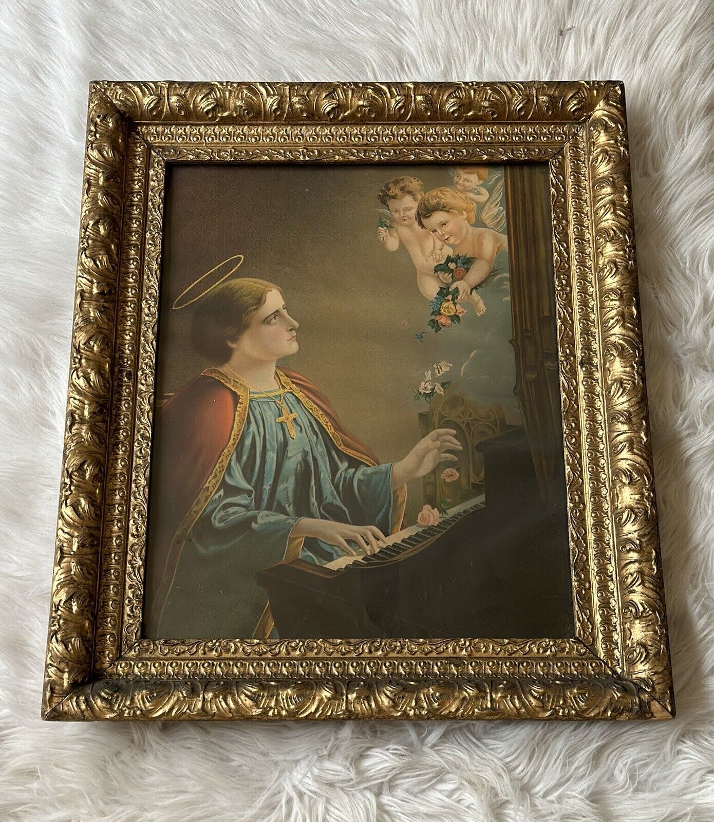 Vintage Religious Framed Art St Cecilia Wood Frame Large 21x23x2”
