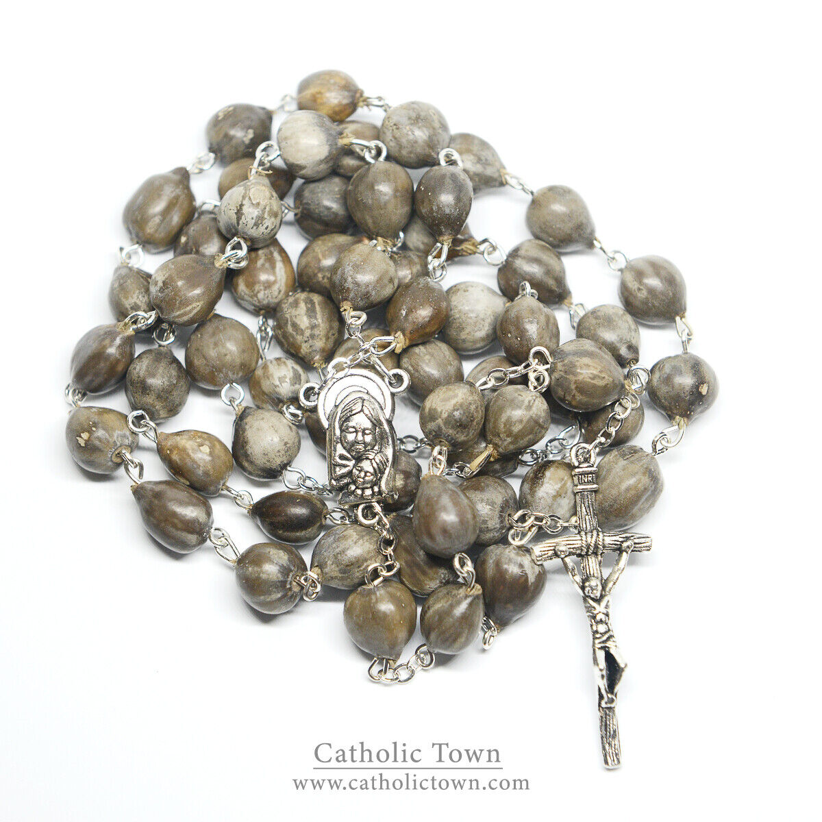 Catholic JOB\'S TEARS Seed Bead Rosary with Madonna and Child medal and Crucifix 