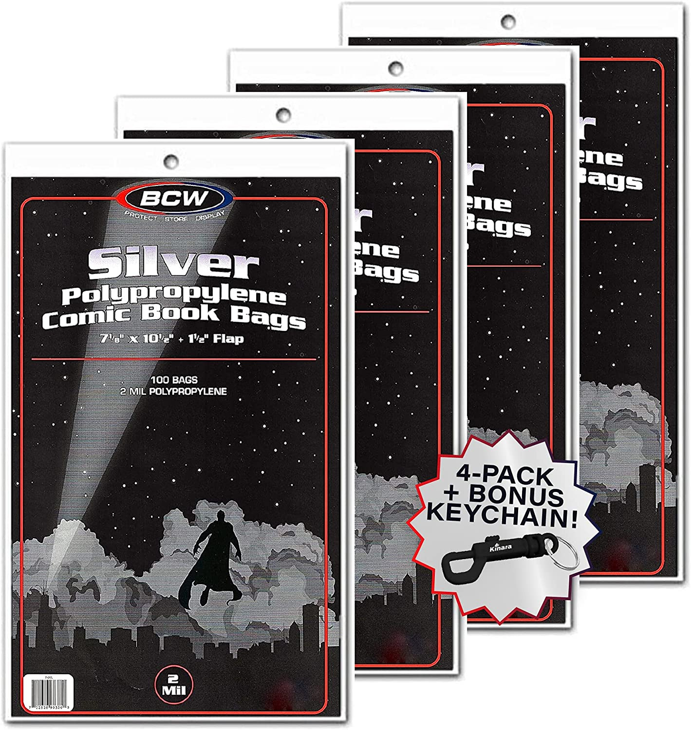 BCW Comic Bags 4-Pack, Silver 7 18 X10 12 + 1 12 Flap 2 Mil Polypropylene (400 C