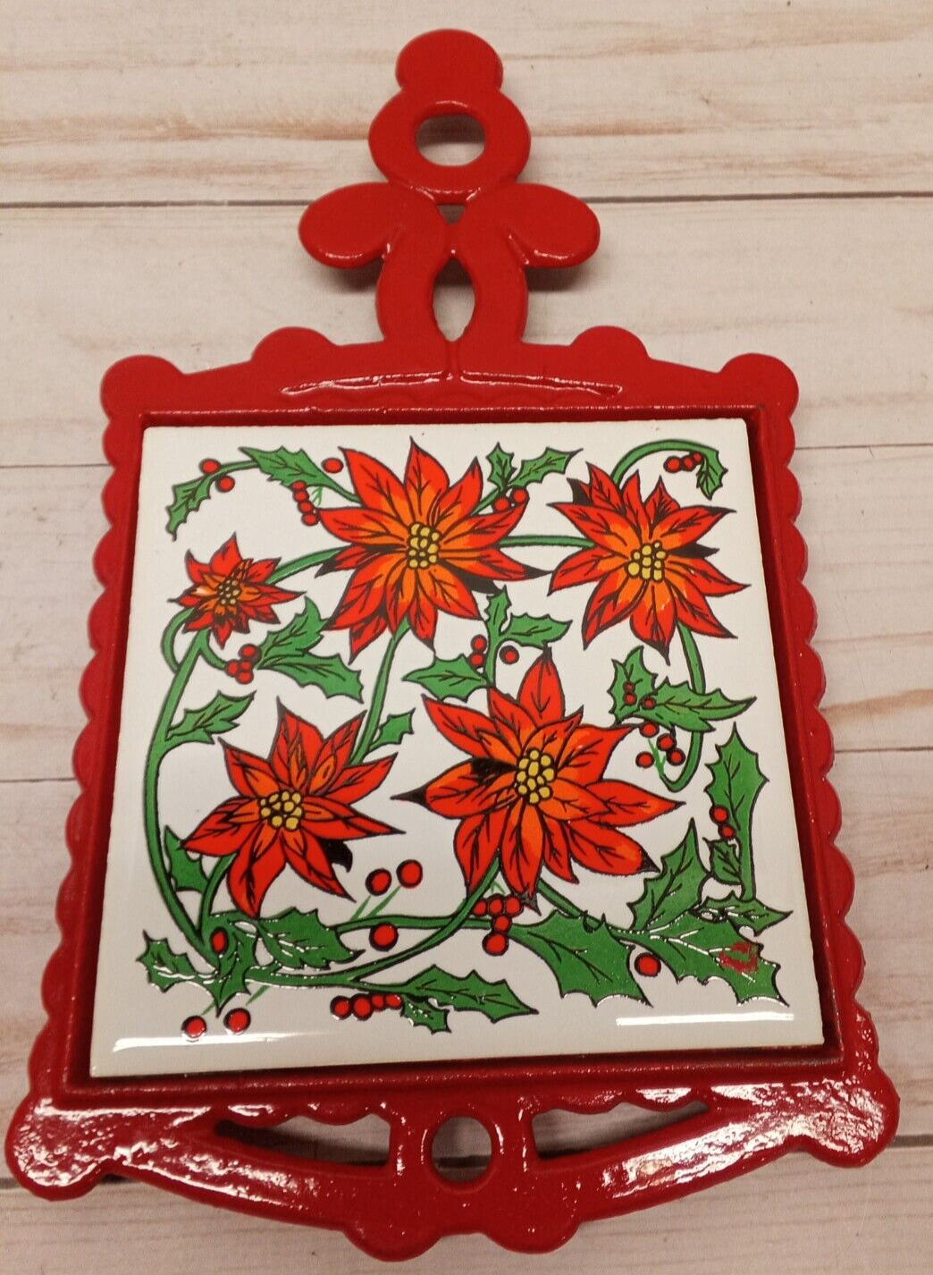 Cast Iron Handle Trivet red Poinsettia ceramic tile seven - star vintage