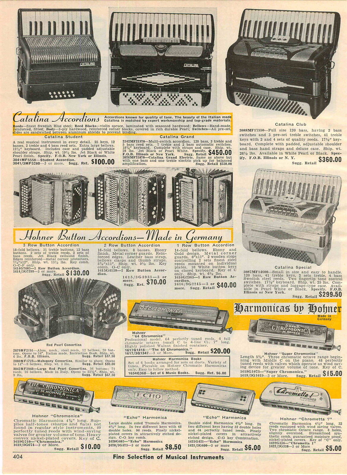 1964 ADVERT Catalina Accordions Hohner Button Germany Harmonica 64 Chromonica