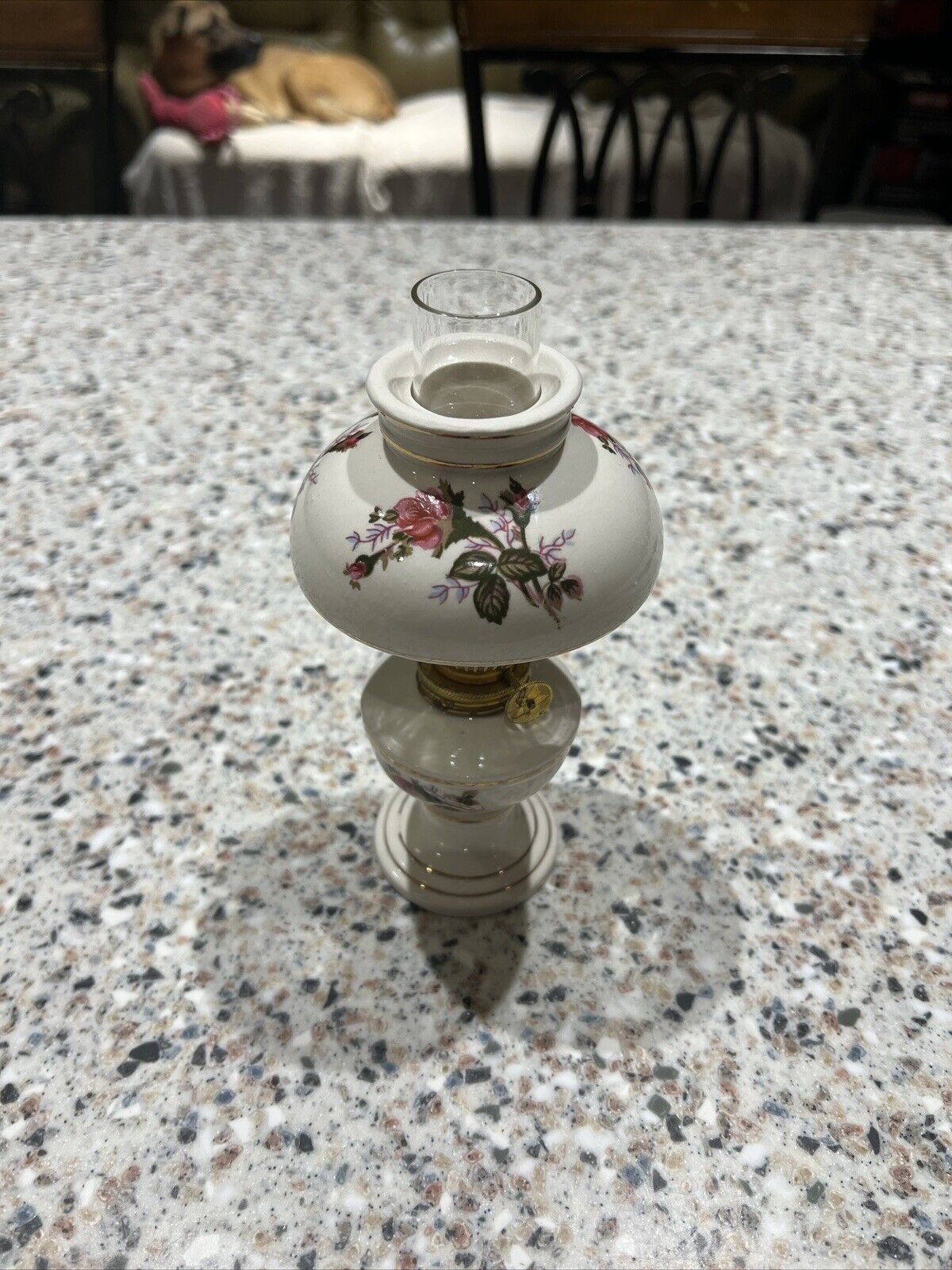 Vintage Oil Lamp Lantern Small Hurricane White Gold Red Roses Ceramic Glass