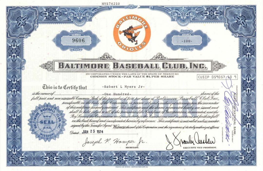 Orioles Baltimore Baseball Club, Inc. - 1974 or 1980 dated Sports Stock Certific