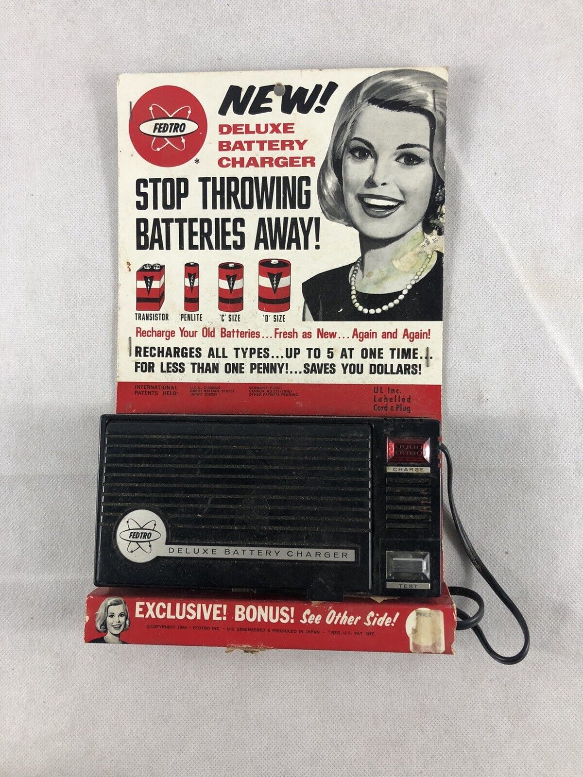 Vintage Fedtro Battery Charger w/ Original Cardboard Backing, 1965