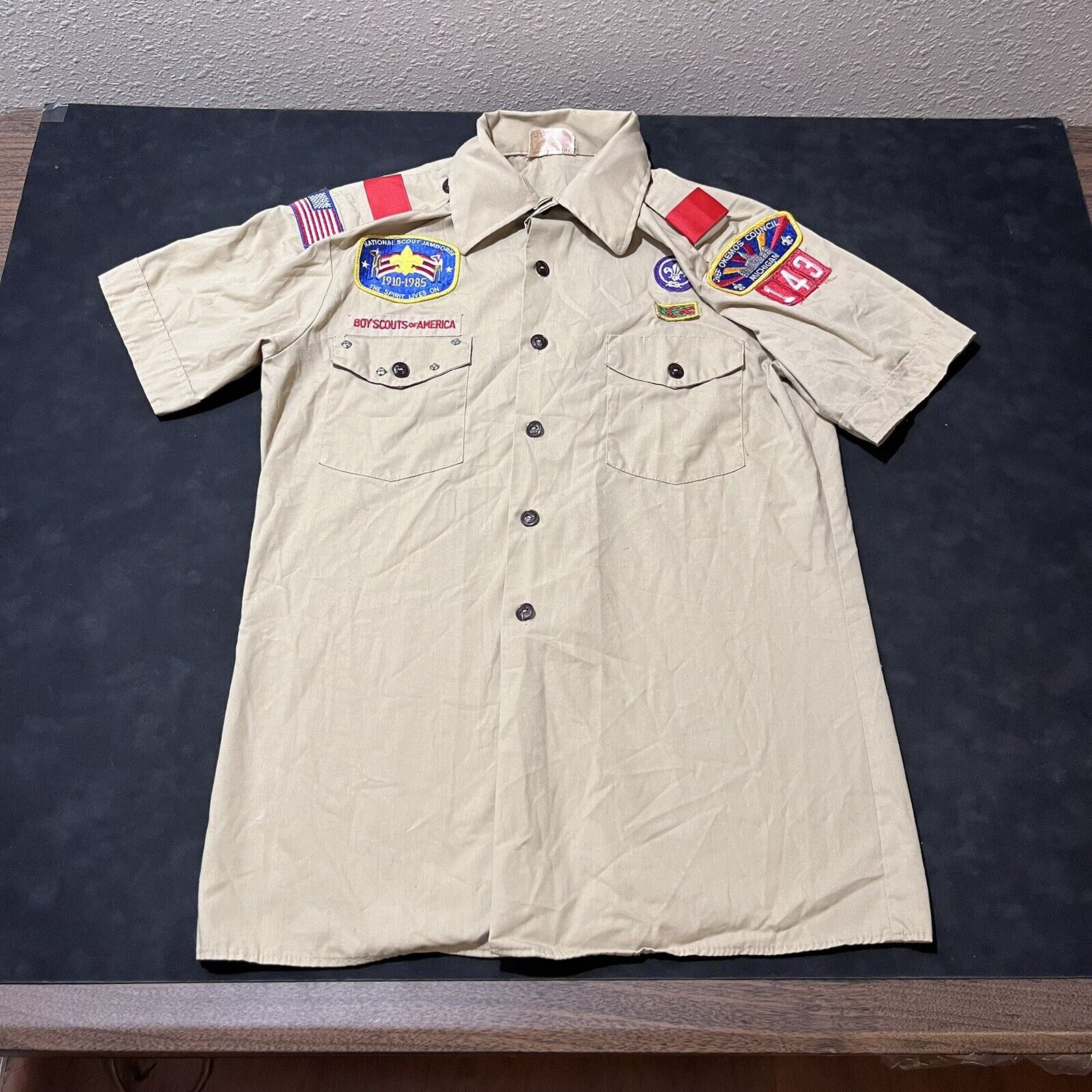 Vintage Boy Scouts Shirt BSA Khaki 80s 70s Union Made Patches Michigan Jamboree