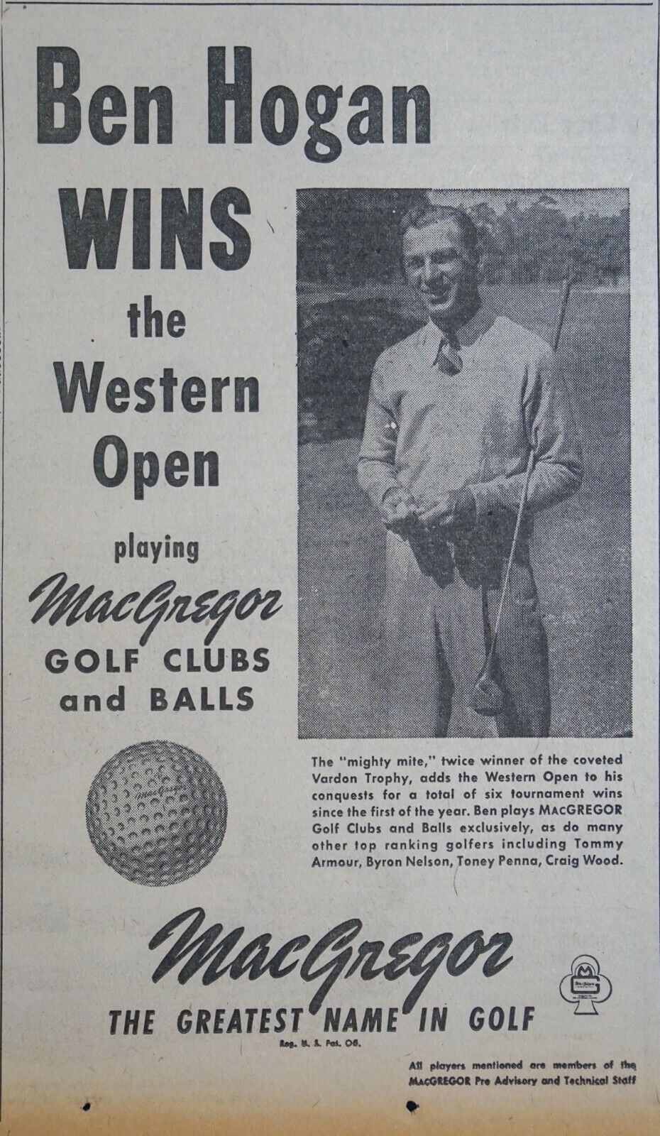 1946 Chicago Sports Page - Ben Hogan Western Open MacGregor Golf Ball & Cubs Ad