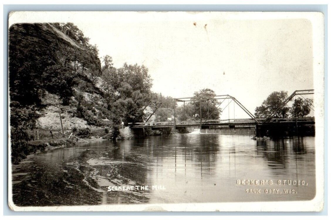 1921 Scene At The Mill Bridge River View Sauk City WI RPPC Photo Postcard