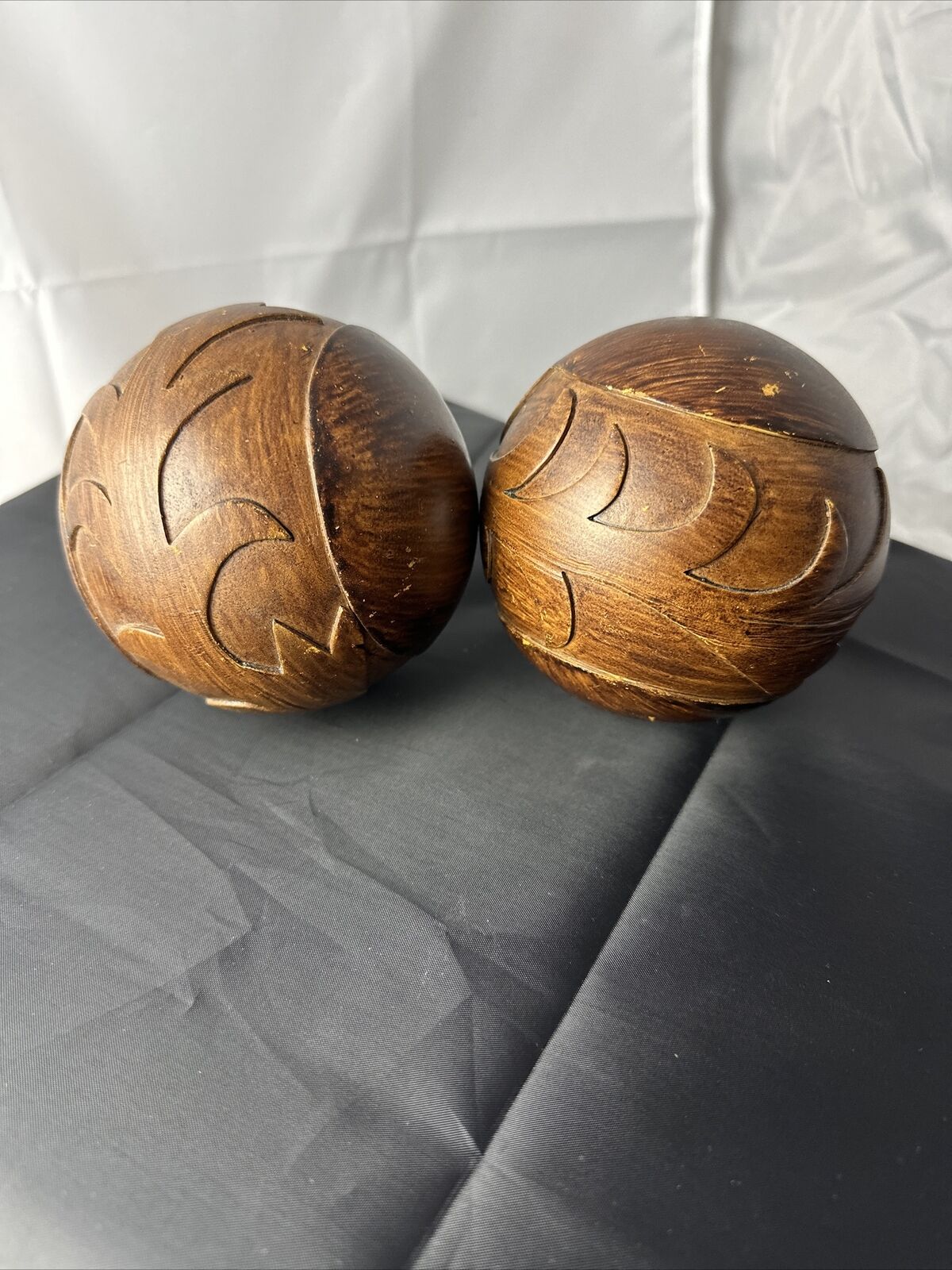 VTG Vintage Boho Heavy Carved Solid Wood Ball Spheres