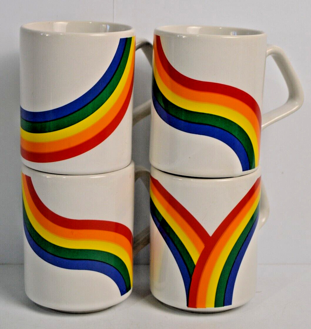 4 Vintage Rainbow Pride Stackable Mugs Gay Pride Coffee Tea Retro 80's D Handle