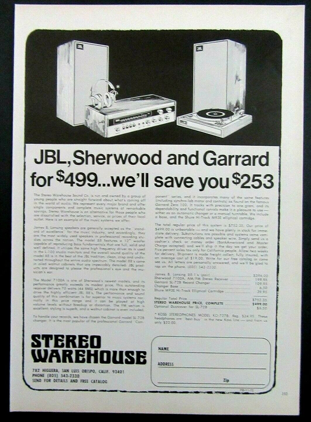 1972 STEREO WAREHOUSE -JBL, Sherwood & Garrand Offer- Magazine Ad