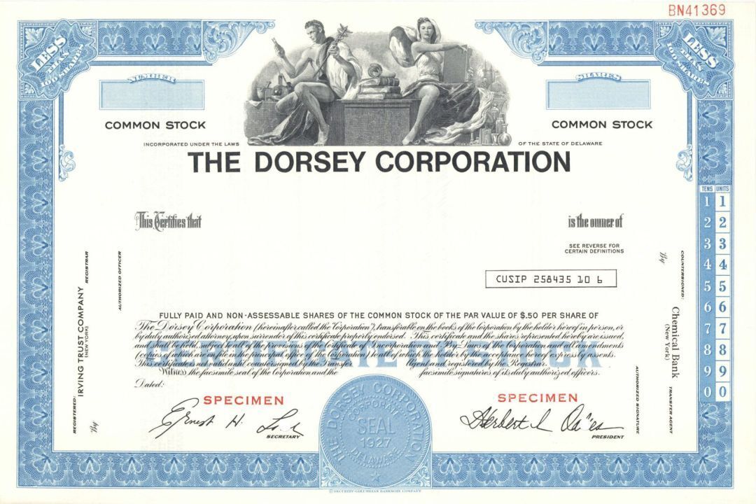 Dorsey Corp. - 1927 dated Specimen Stock Certificate - Specimen Stocks & Bonds