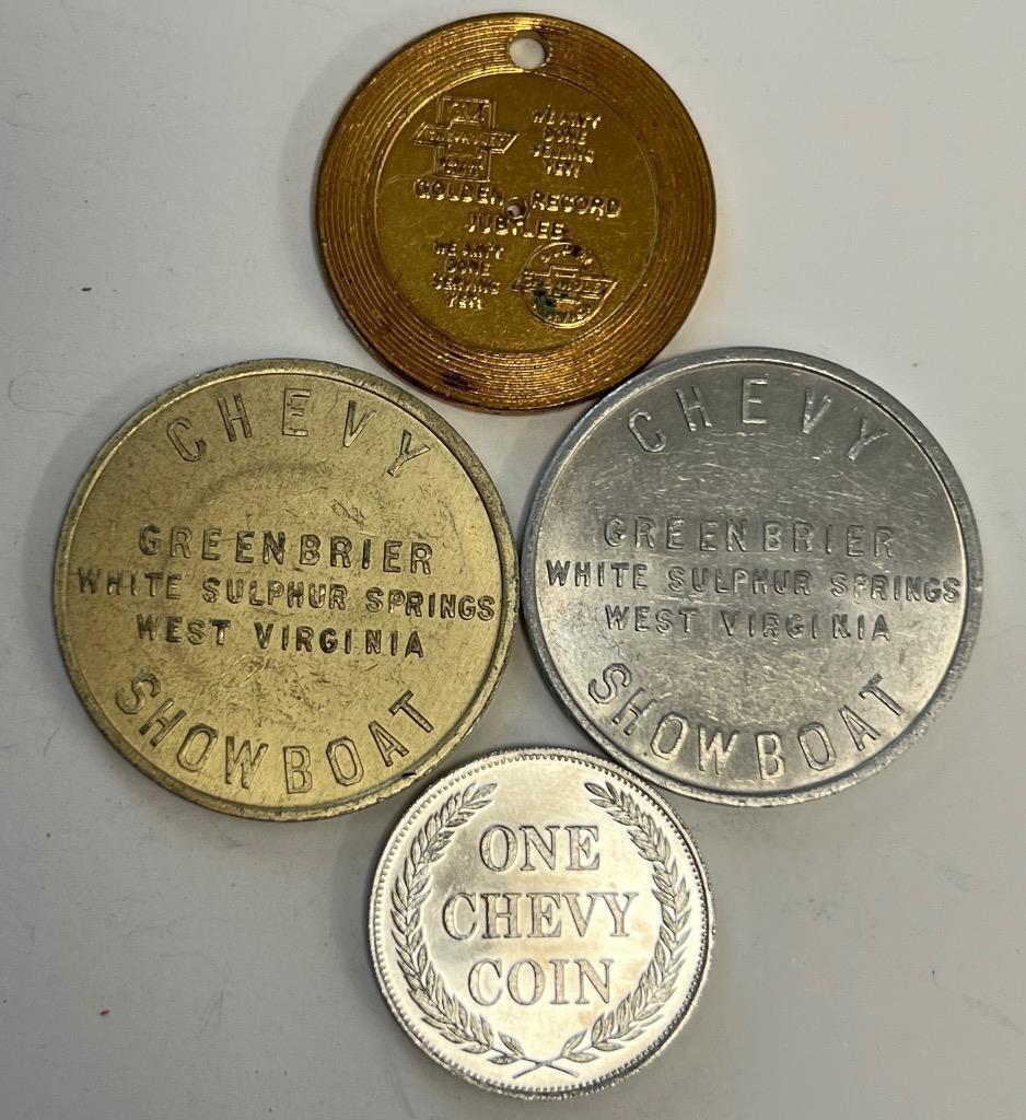 Vint. set 4 Orig. 1950's Chevy car Token Coins Golden Record Keychain dealership