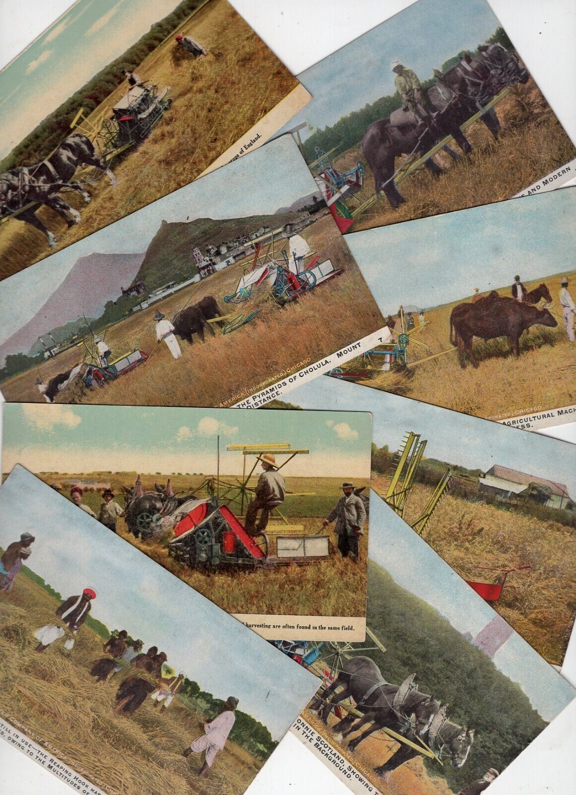 USA International Harvesters 1909 postcards x 8 world scenes 7 are unused