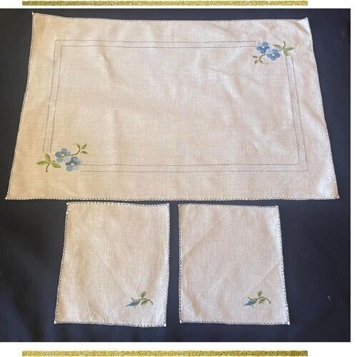 Vintage table cloth tray and 2 napkins hand embroidered cross stitch white Linen