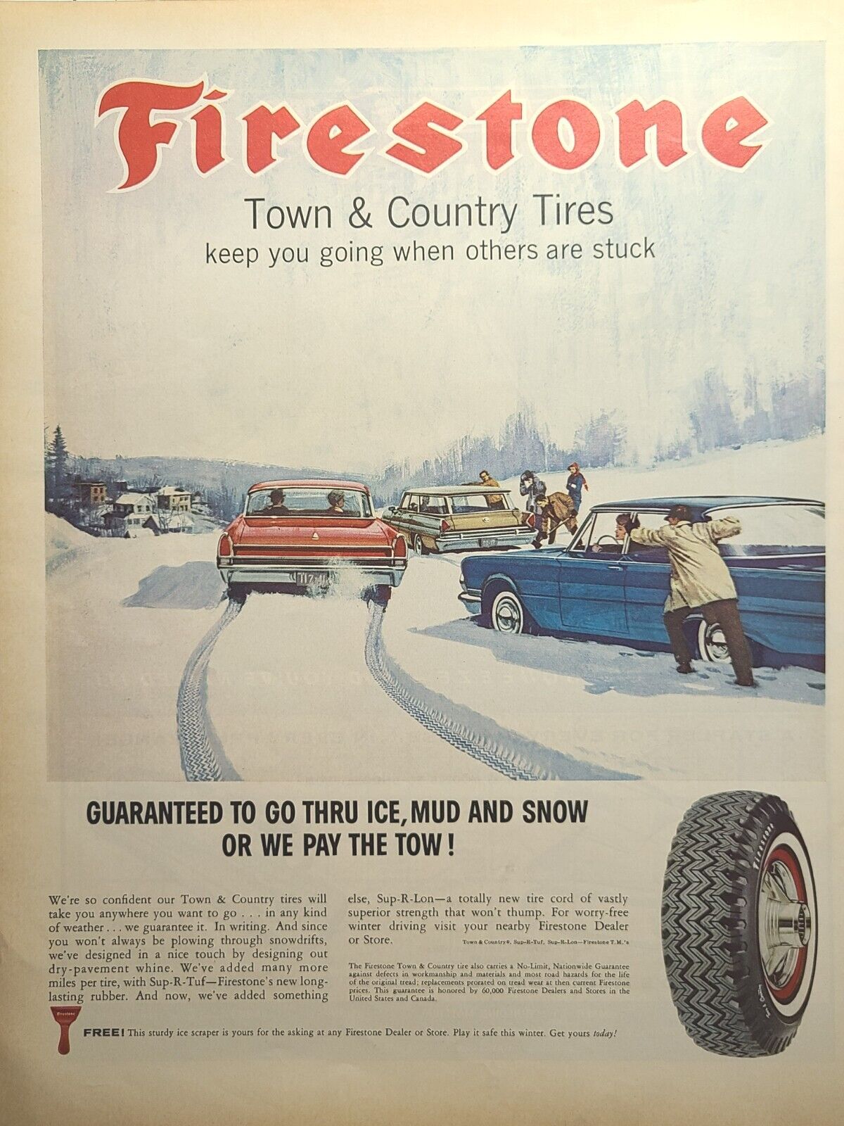 Firestone Town & Country Tires Snow Mud Garage Shop Vintage Print Ad 1964