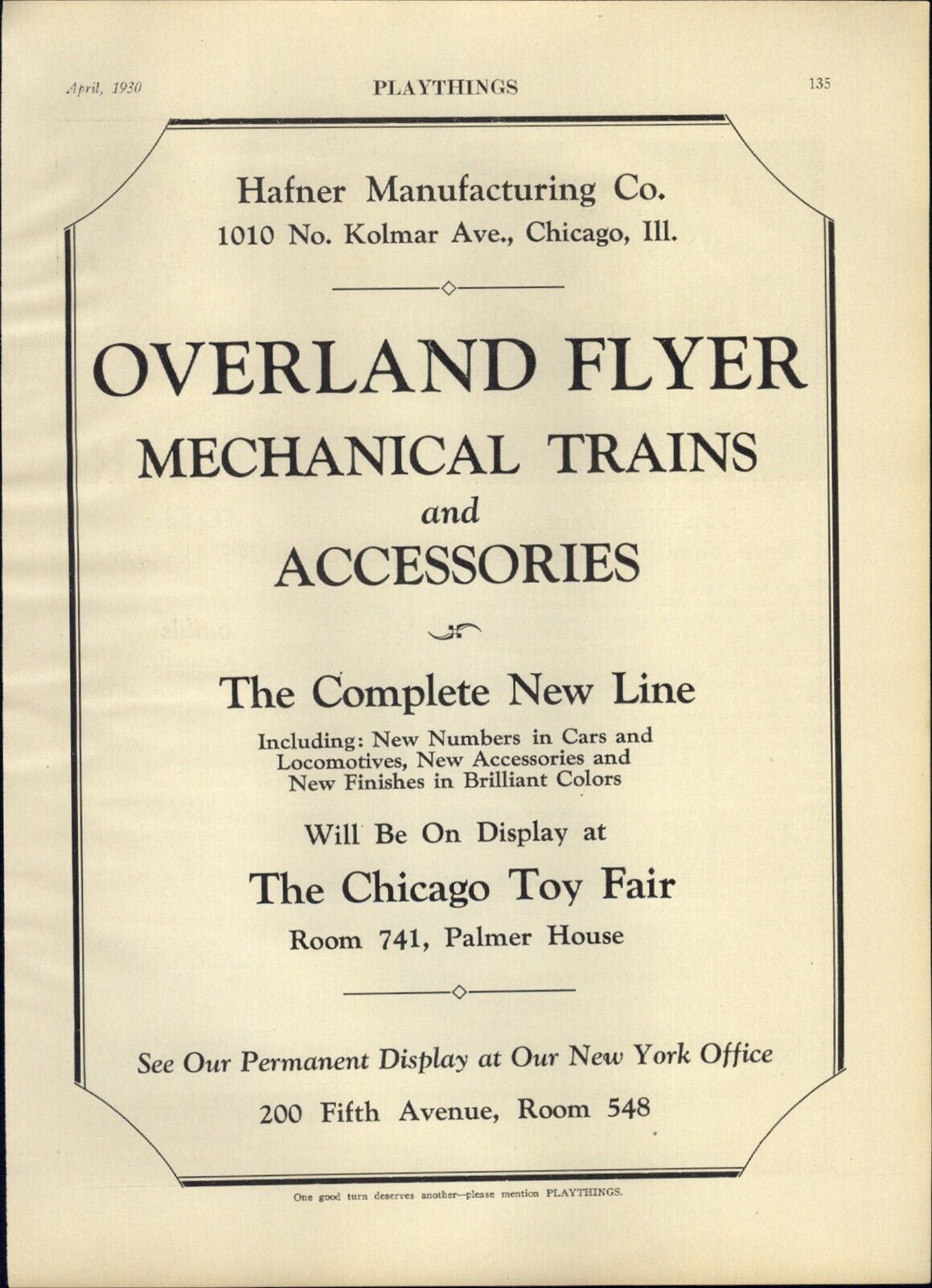 1930 PAPER AD Hafner Toy Play Overland Flyer Mechanical Train Sets 