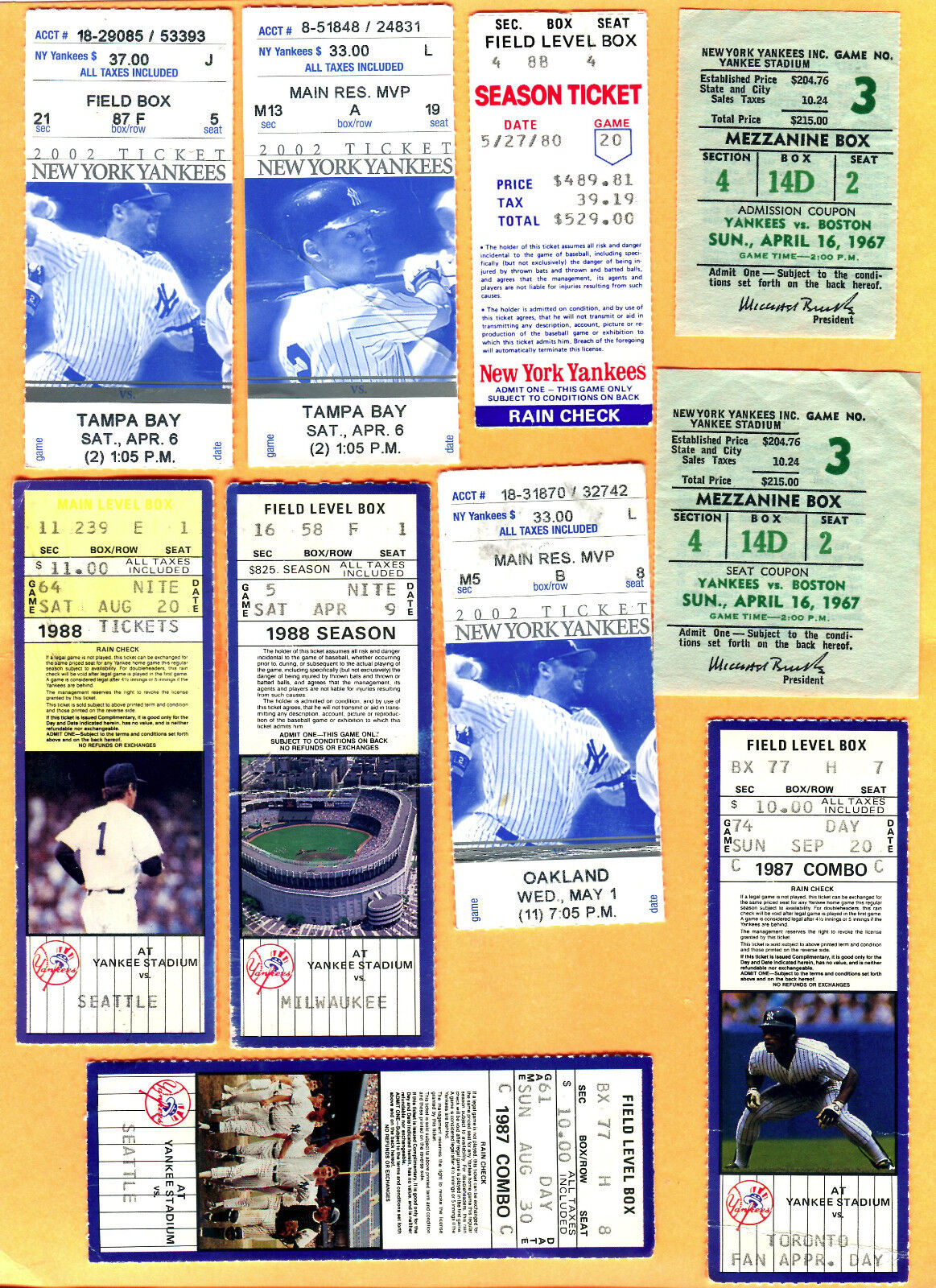 ***GREAT LOT OF 25 YANKEES TICKET STUBS (1967-2002)-RUTH, GEHRIG, JETER, WHITEY+