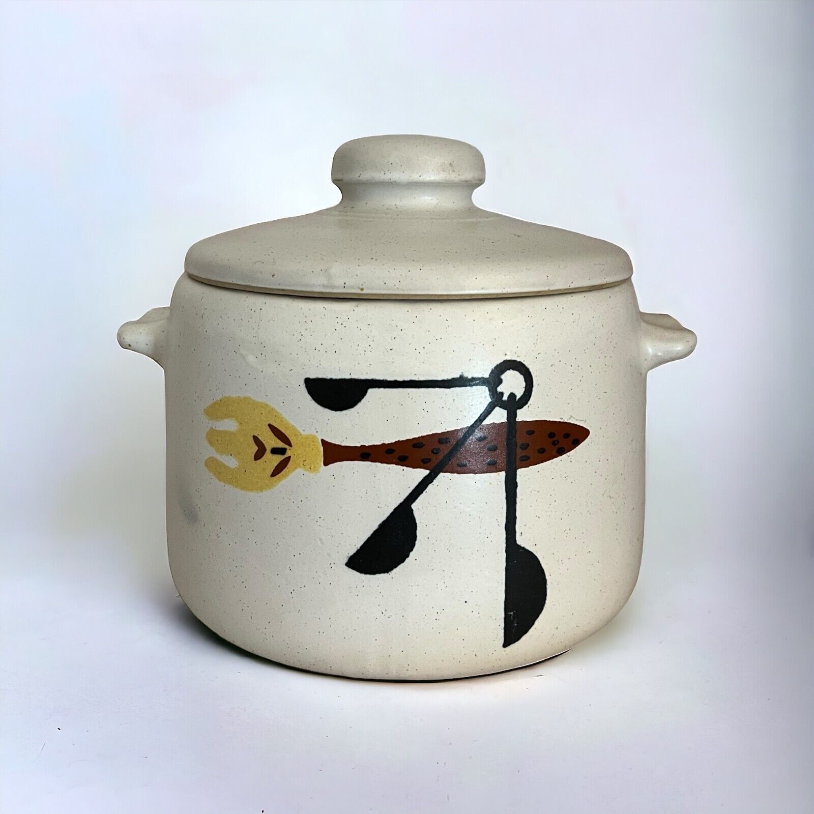 MCM Vintage 1960’s West Bend Bean Pot. Fork & Spoon Design Mid Century Stoneware