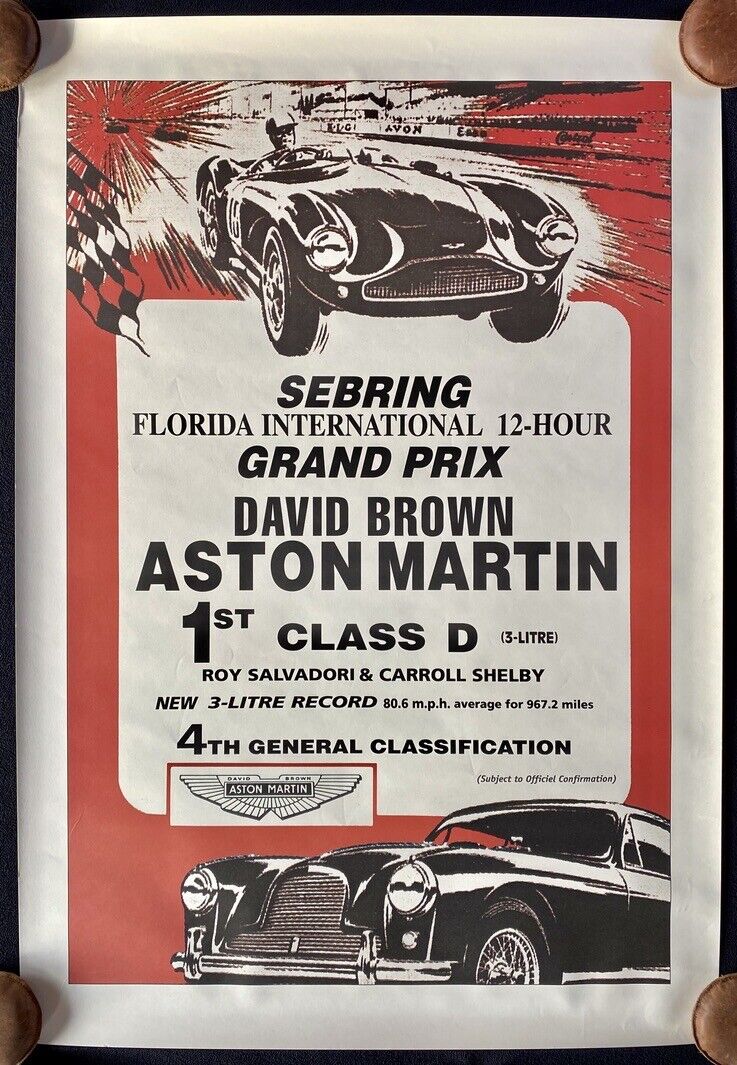 1956 Sebring 12-Hour Race Repro Victory Poster ASTON MARTIN DB3 S Carroll Shelby