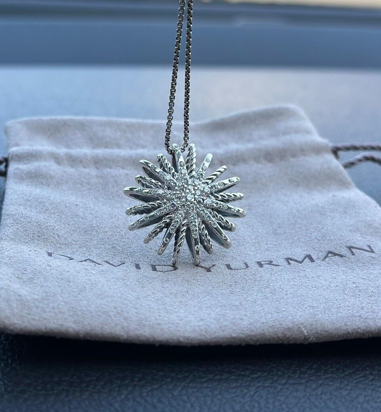 DAVID YURMAN STARBURST Pave DIAMONDS Silver 925 Pendant 24MM Necklace 18 Inches 