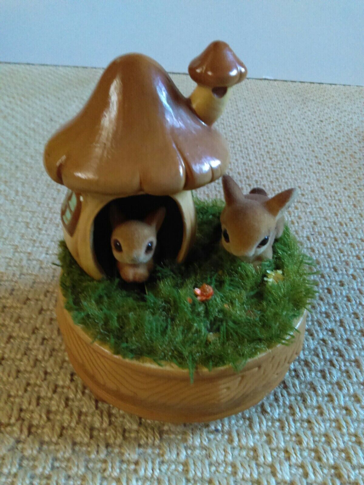 Josef Originals Brown Rabbits in Mushroom Music Box Small World Vintage Japan