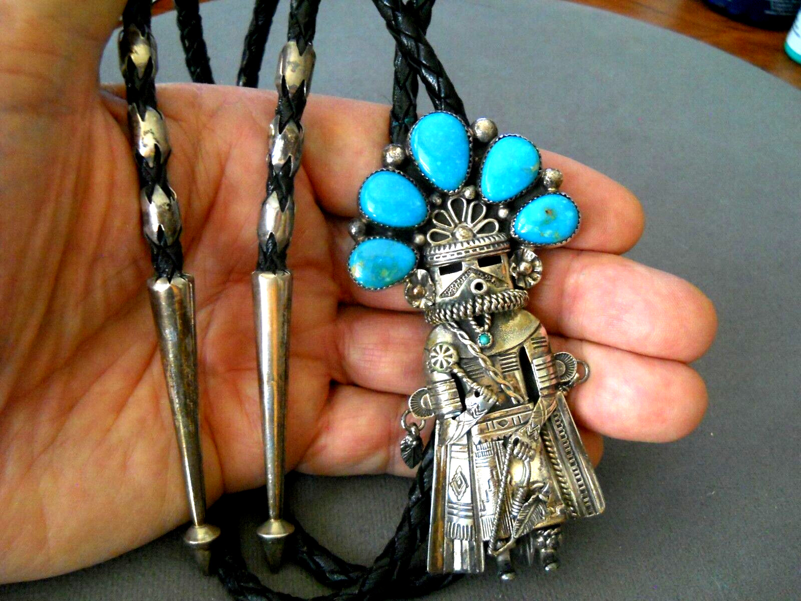 RARE THOMAS BYRD Native American Turquoise Sterling Silver Kachina Bolo Tie 4\