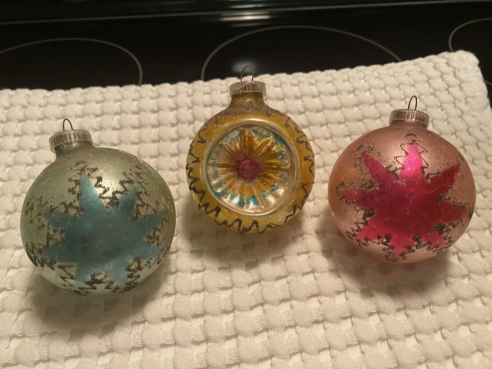 Antique Vintage 3 Glass Reflector Indent Christmas Ornaments West Germany mica