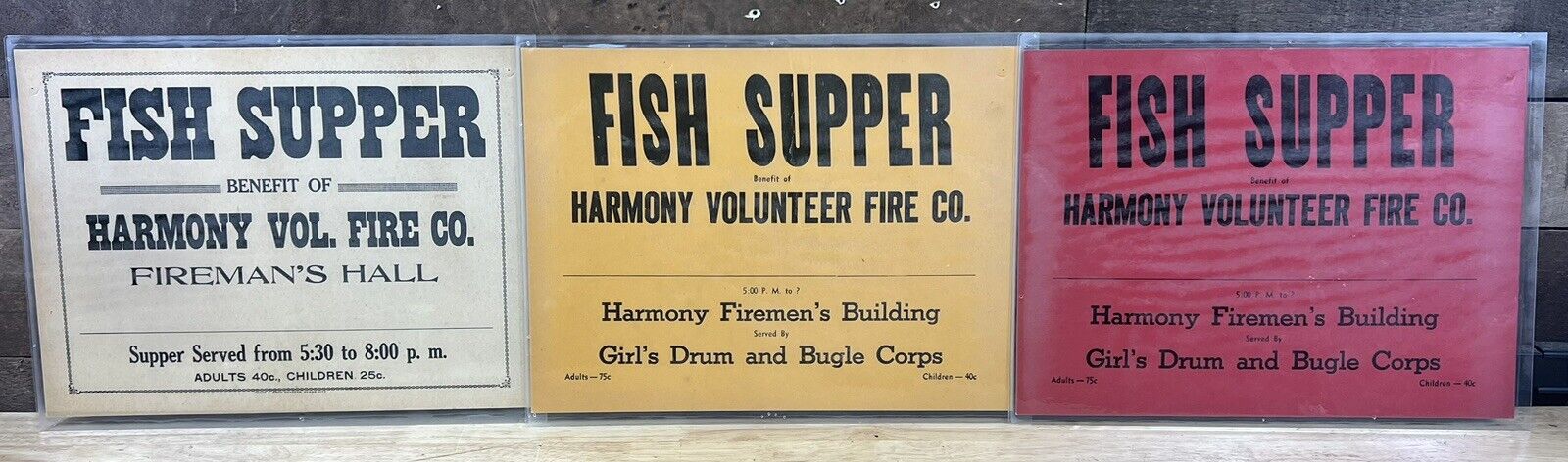 Lot Of 3 Vintage Harmony Volunteer Fire Co. “Fish Supper” Signs 