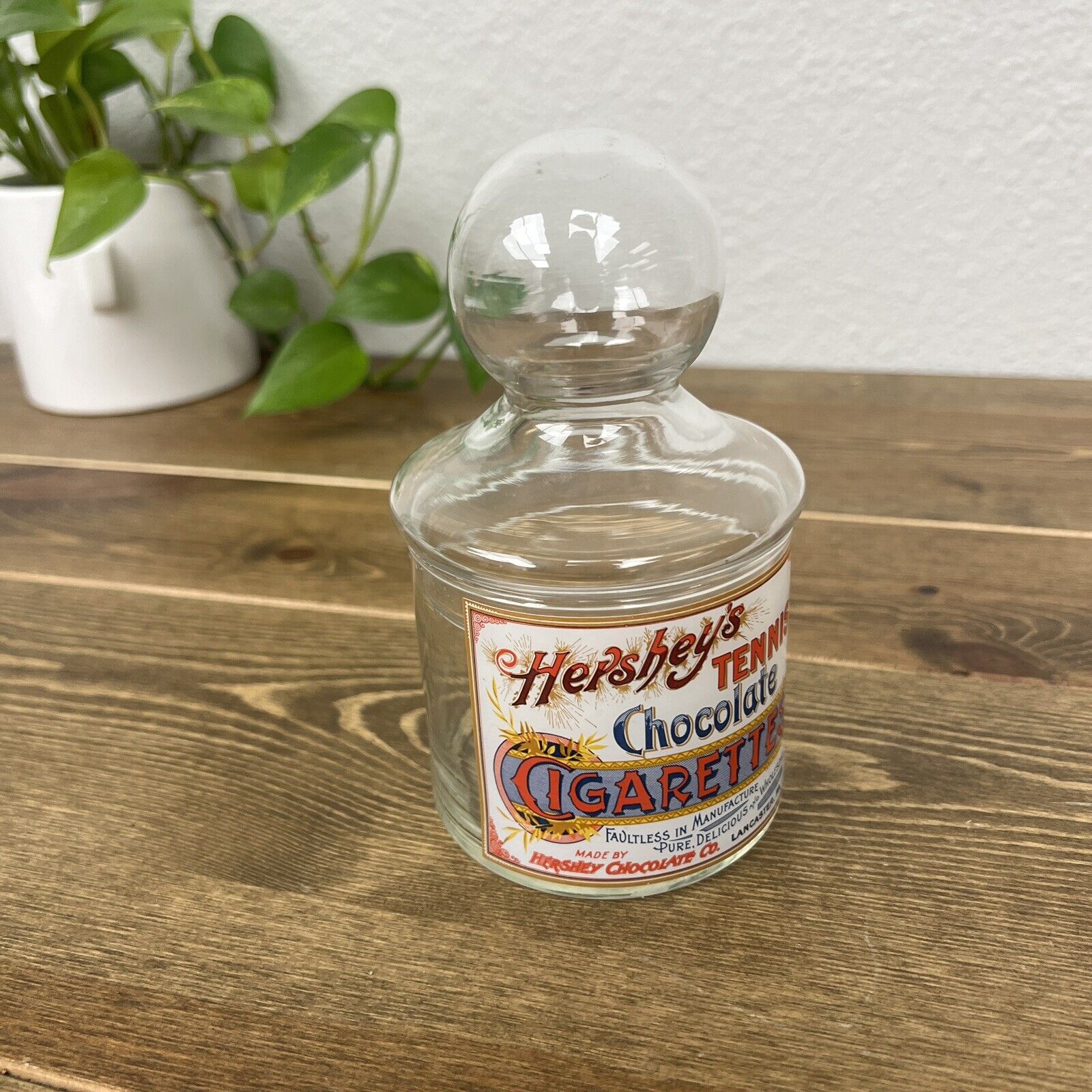 Vintage Hershey’s Tennis Chocolate Cigarettes Glass Jar W/ Glass Lid