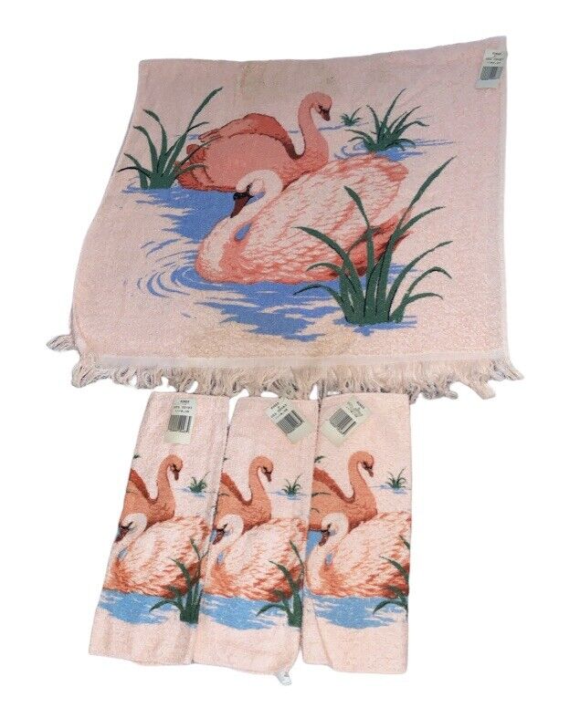 Vintage Cannon Bath Towel Set Pink Swans Pond Grannycore Retro Boho 1011-12 NOS