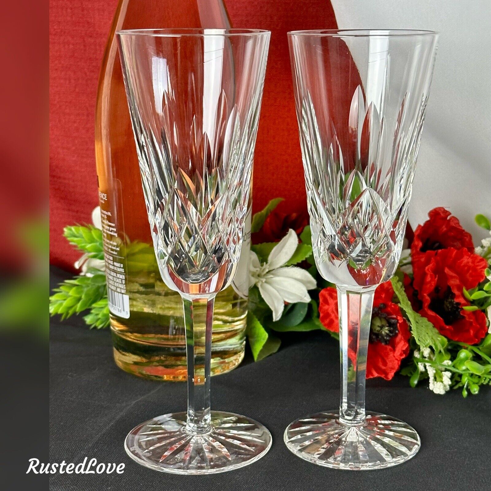 Waterford Crystal Lismore Champagne Flutes Wedding Toasting Glass Vintage Pair *